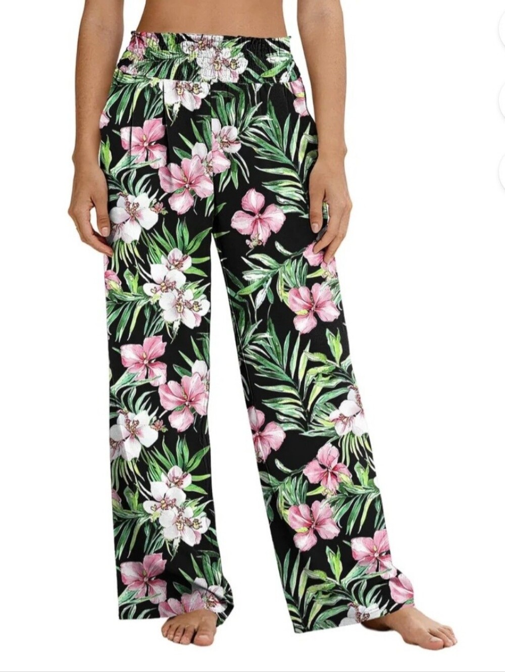 Wide-Leg Tropical Floral Pants in Black Pink Green